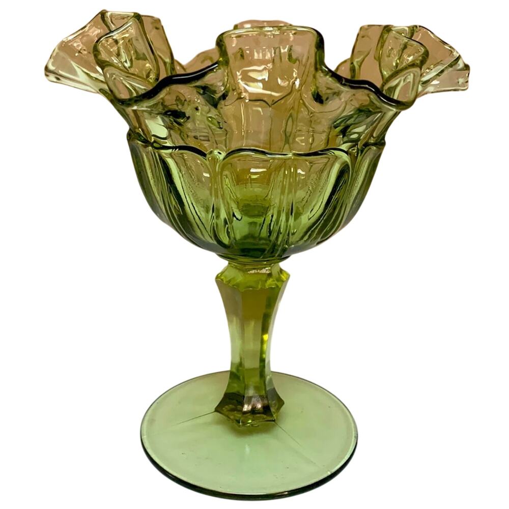 FENTON Red Cliff Ruffled Edge Colored Green Glass Compote Dish